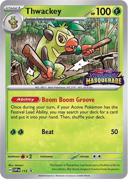 Pokemon Twilight Masquerade carta promo Thwackey ingles mexico Frikis prietos