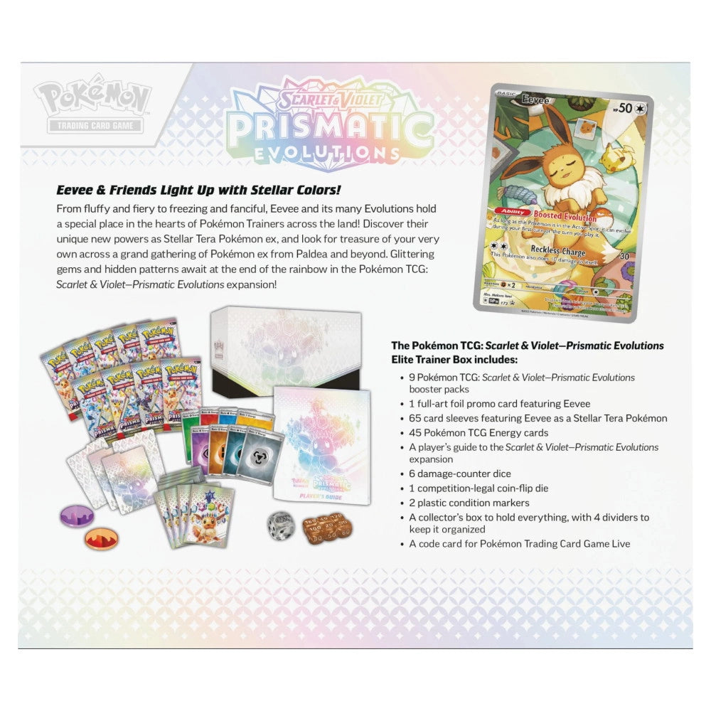 Pokemon prismatic evolutions elite trainer box reverso de la caja ingles mexico frikis prietos