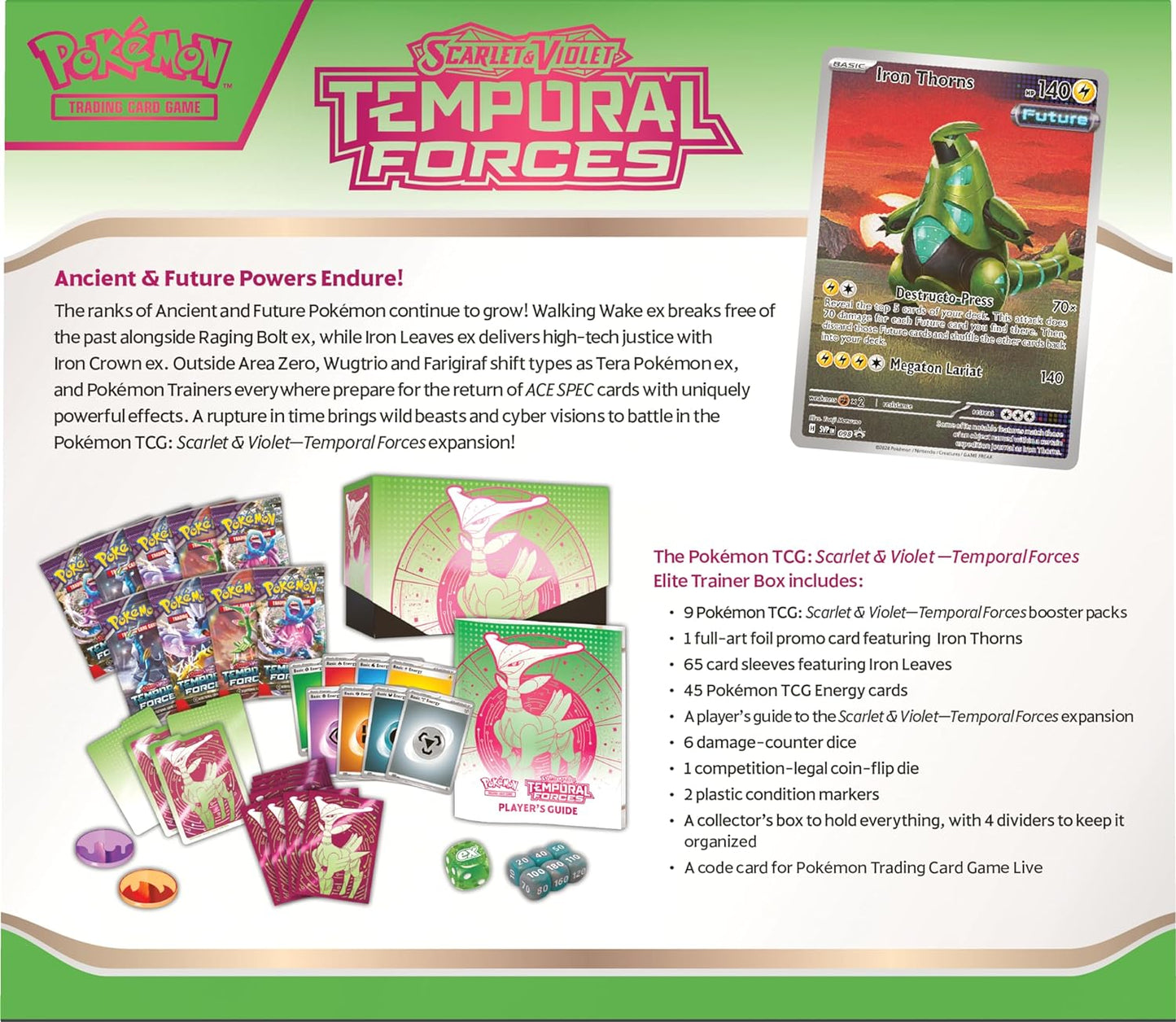 Scarlet & Violet - Temporal Forces Elite Trainer Box (Iron Leaves - Inglés) reverso caja - Sindicato de Frikis Prietos